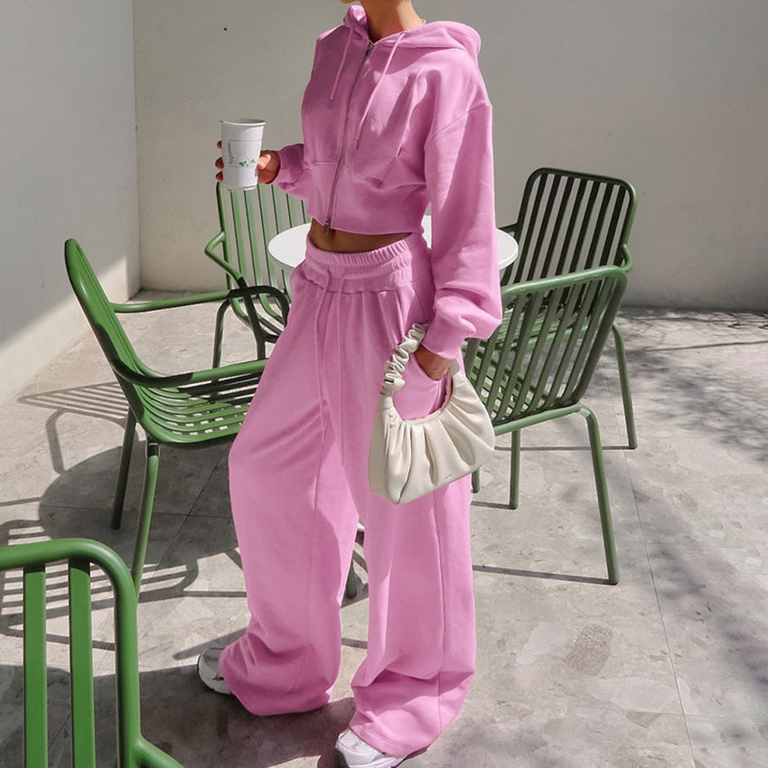 Pink Two-Piece  Knitted Set w/ Fluff Hoody & Wide Leg  Pants