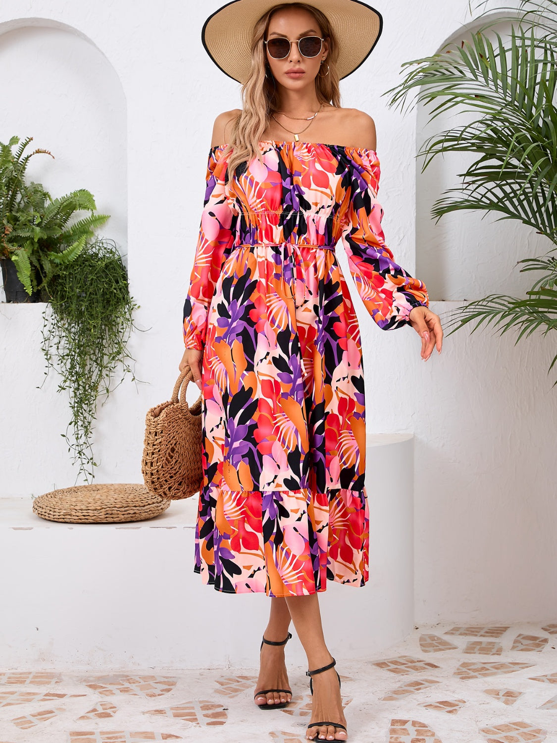 Happy Boho Printed Midi Dress with Long Sleeve