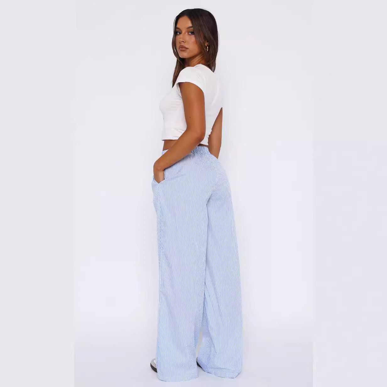 Striped Elastic High Waist Wide Leg Straight Pants