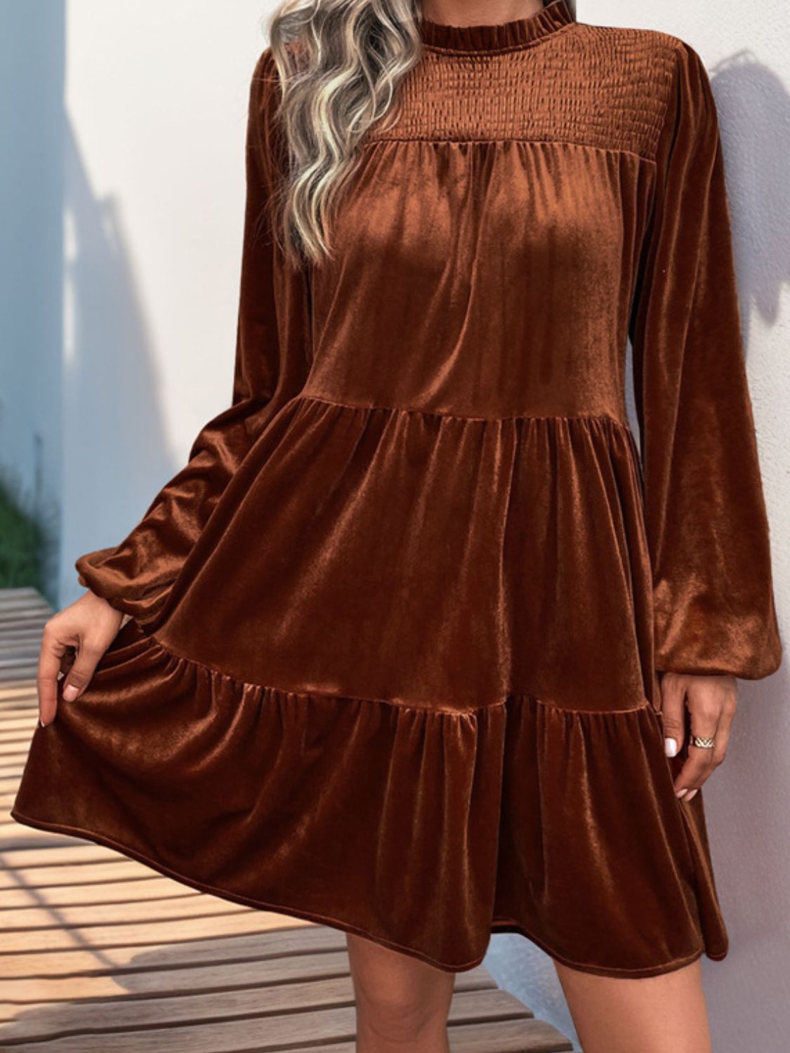 Caramel Mocha Ruffle Dress with Ruched Mock Neck & Long Sleeves