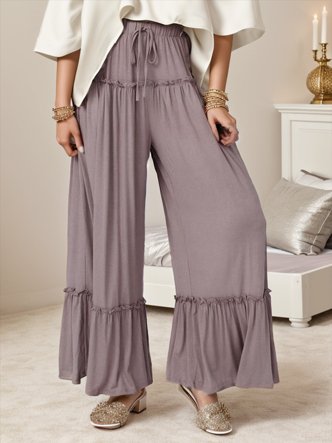 Breezy Ruffle Hem Wide Leg Trim Pants