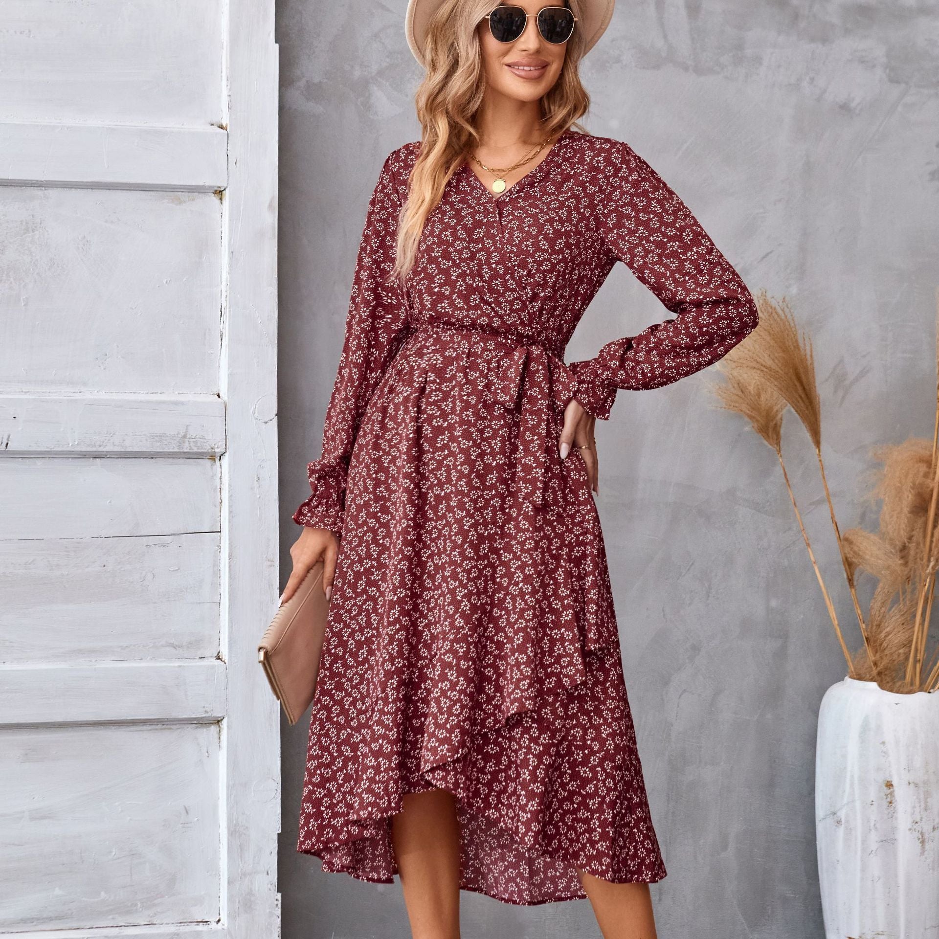 Flowers  Ruffled Print  Dress with Long  Petal Sleeve