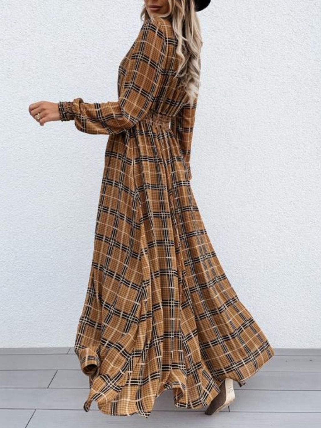 Camel Brown  Maxi Dress with Slit Plaid Tie Neck & Long Sleeves