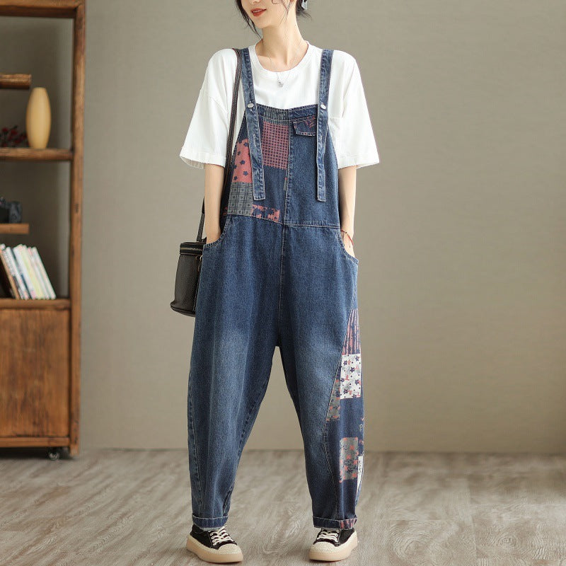 Print Spliced Nine Split Denim Strappy Overalls