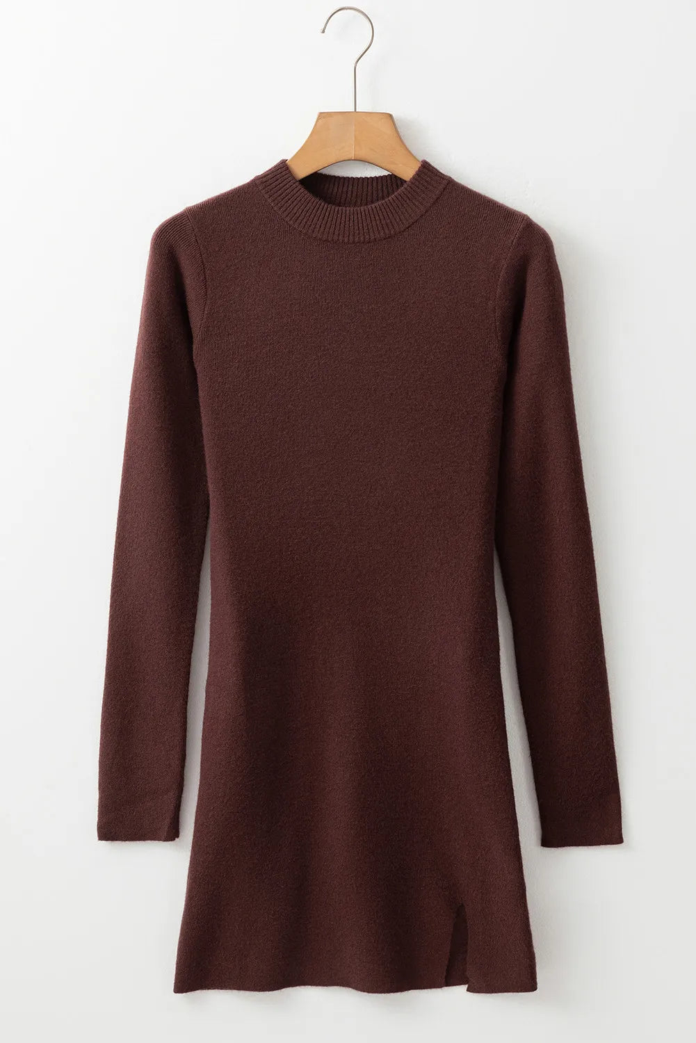 Chocolate Slit Mock Neck Wrap Sweater Dress with  Long Sleeves