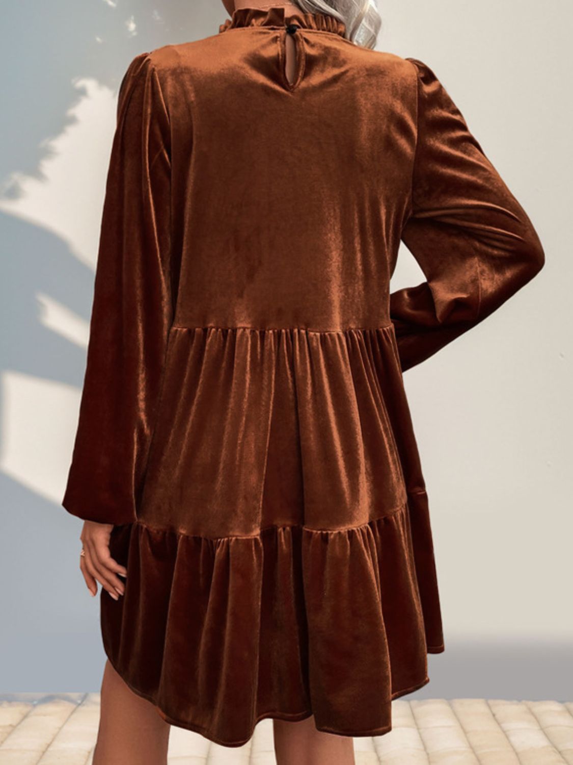 Caramel Mocha Ruffle Dress with Ruched Mock Neck & Long Sleeves