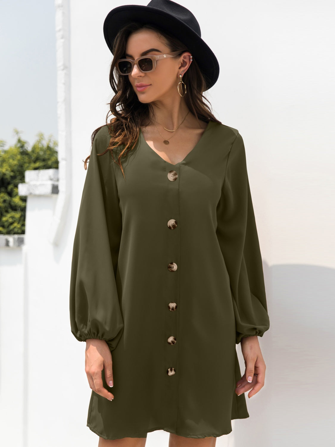 New Autumn  Mini Buttoned Dress with V-Neck & Long Sleeves