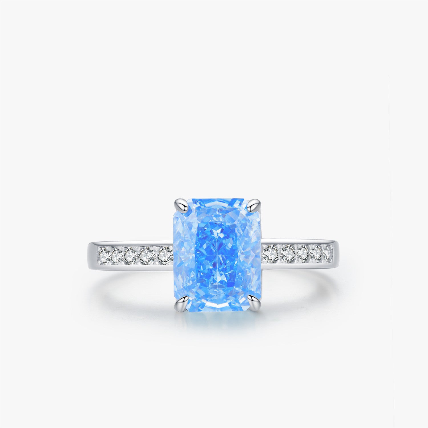 Cool Blue Ice Flower Emerald Cut CZ Ring, 925 Sterling Silver.