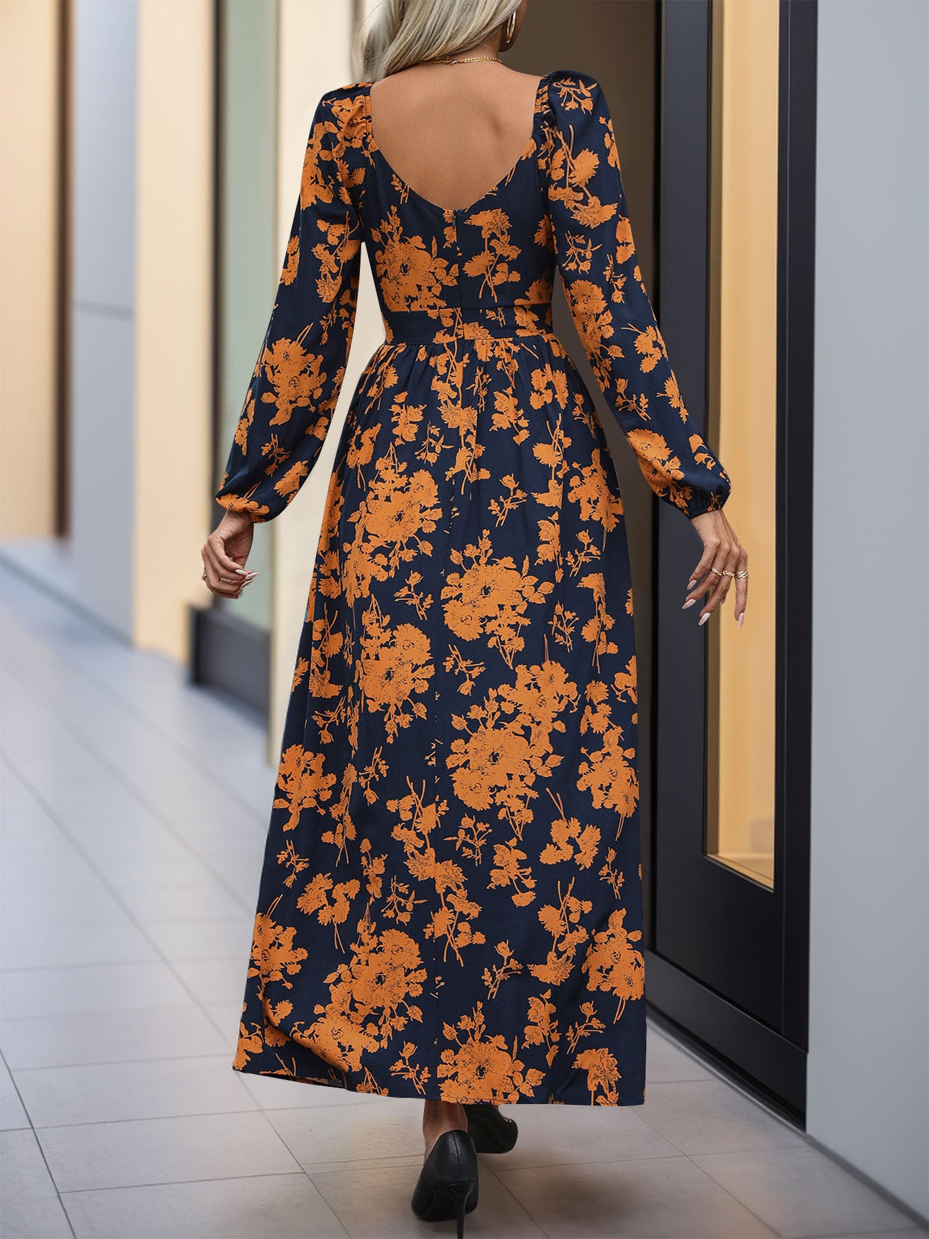 Boho Perfee Split Printed Surplice Midi Dress with Long Sleeves