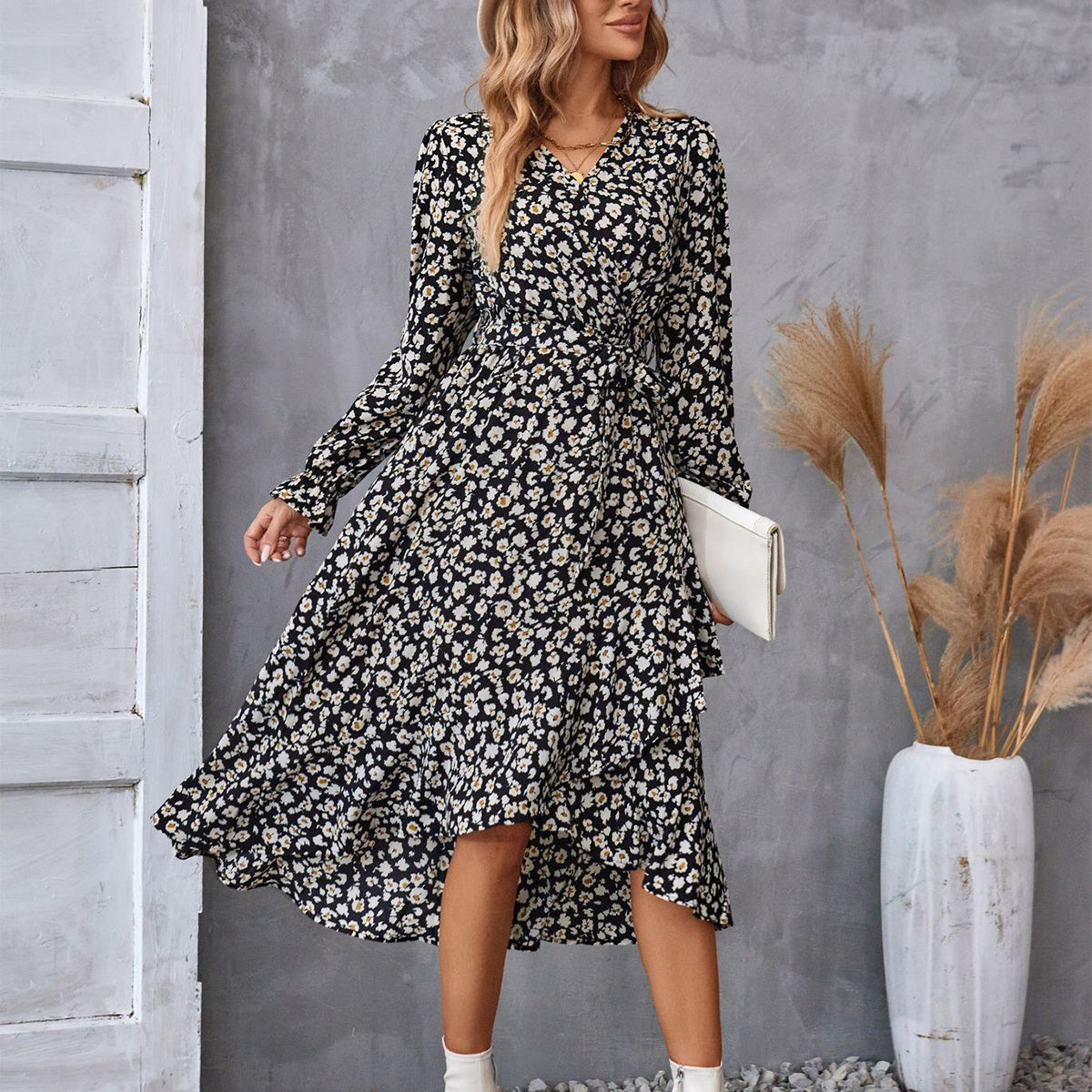 Flowers  Ruffled Print  Dress with Long  Petal Sleeve