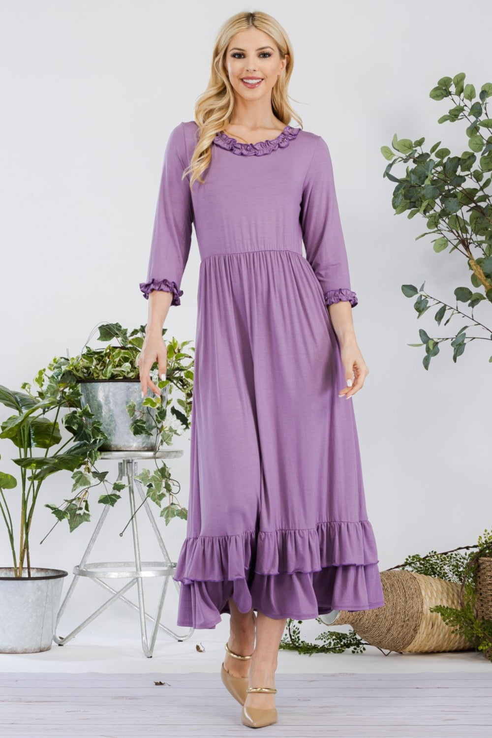 Charming Lilac Dress  with Layered Ruffle Hem Dress & Pockets