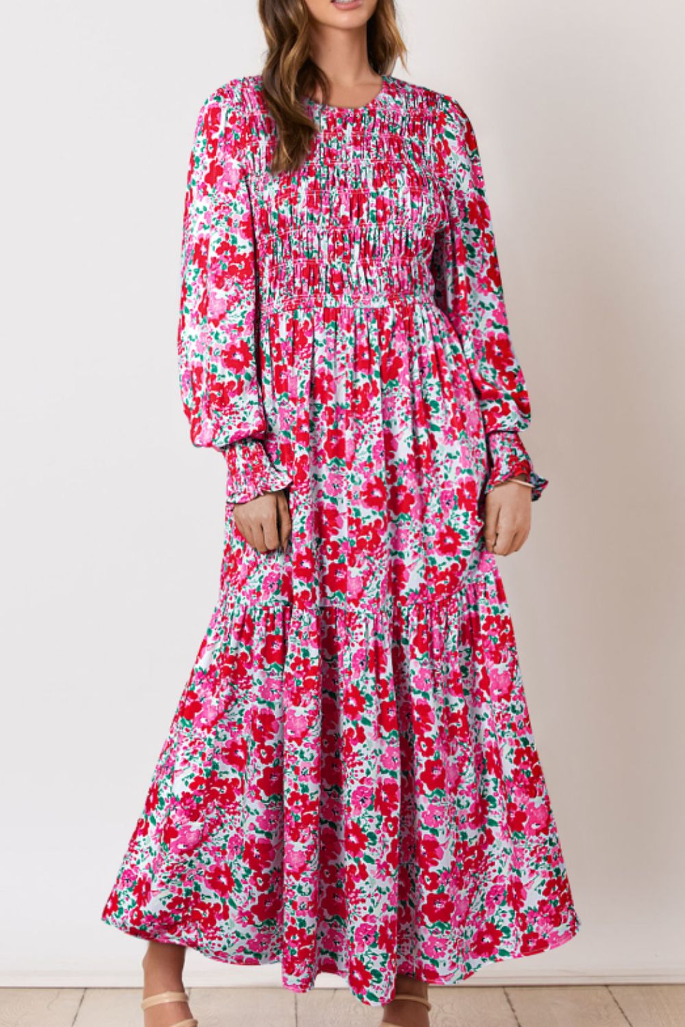 Pink Rose Printed Maxi Dress with Round Neck & Lantern Sleeve