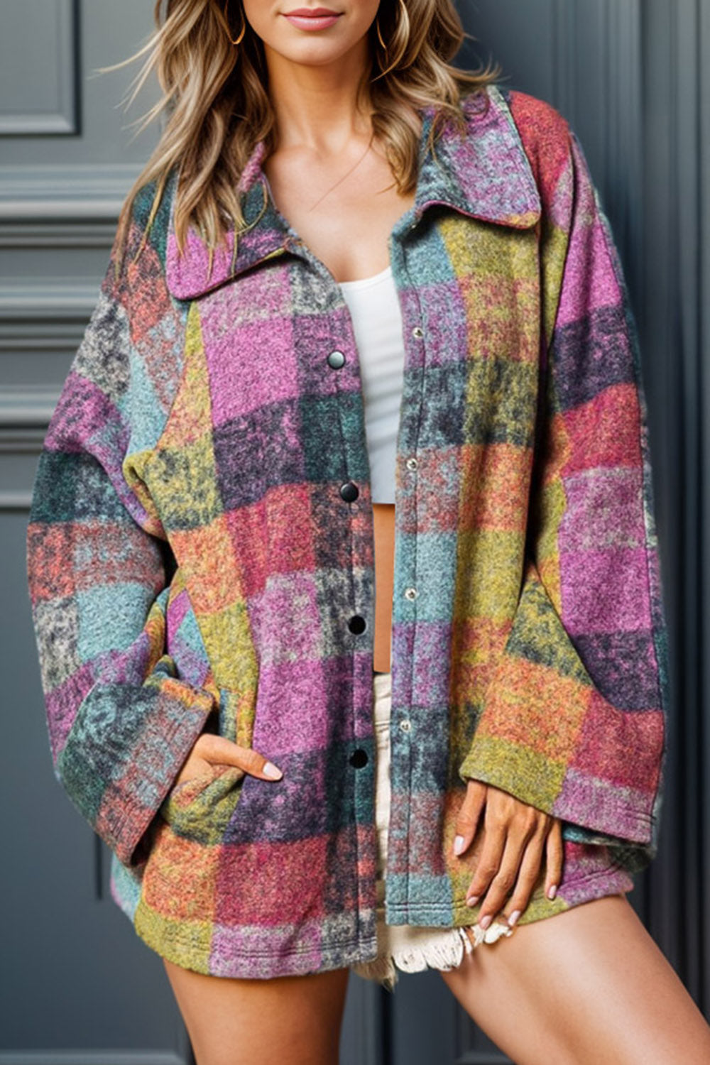 Cozy Plaid Pocketed Snap Down Jacket