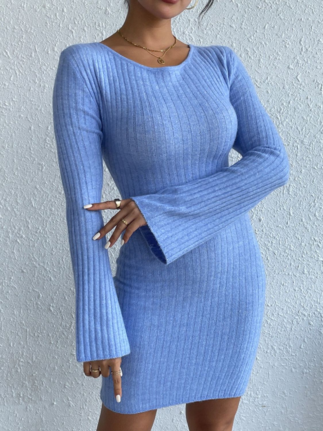 Fancy Backless Round Neck  Sweater Dress with Long Sleeve