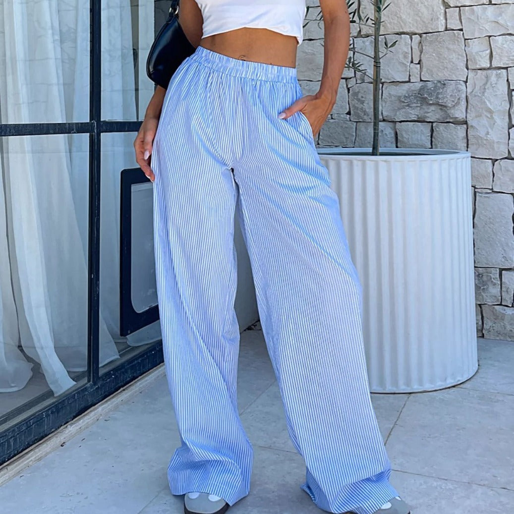 Striped Elastic High Waist Wide Leg Straight Pants