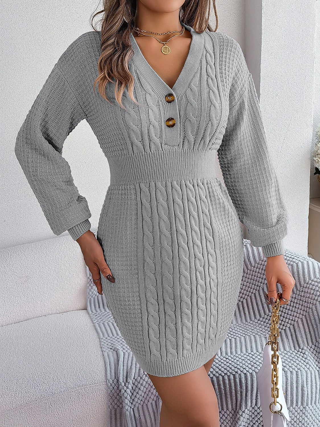 Classic Buttoned Cable-Knit V-Neck Sweater Dress