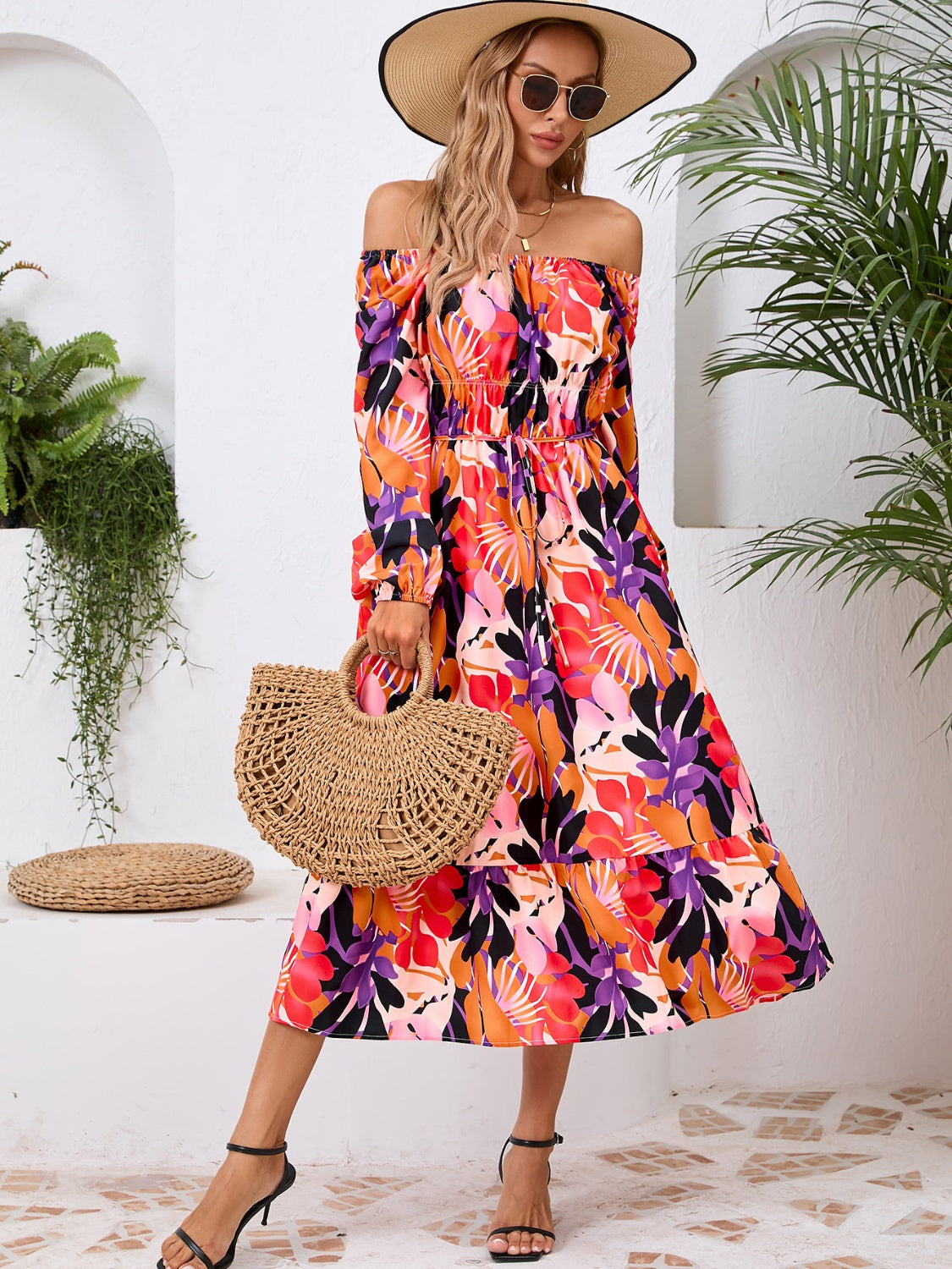 Happy Boho Printed Midi Dress with Long Sleeve