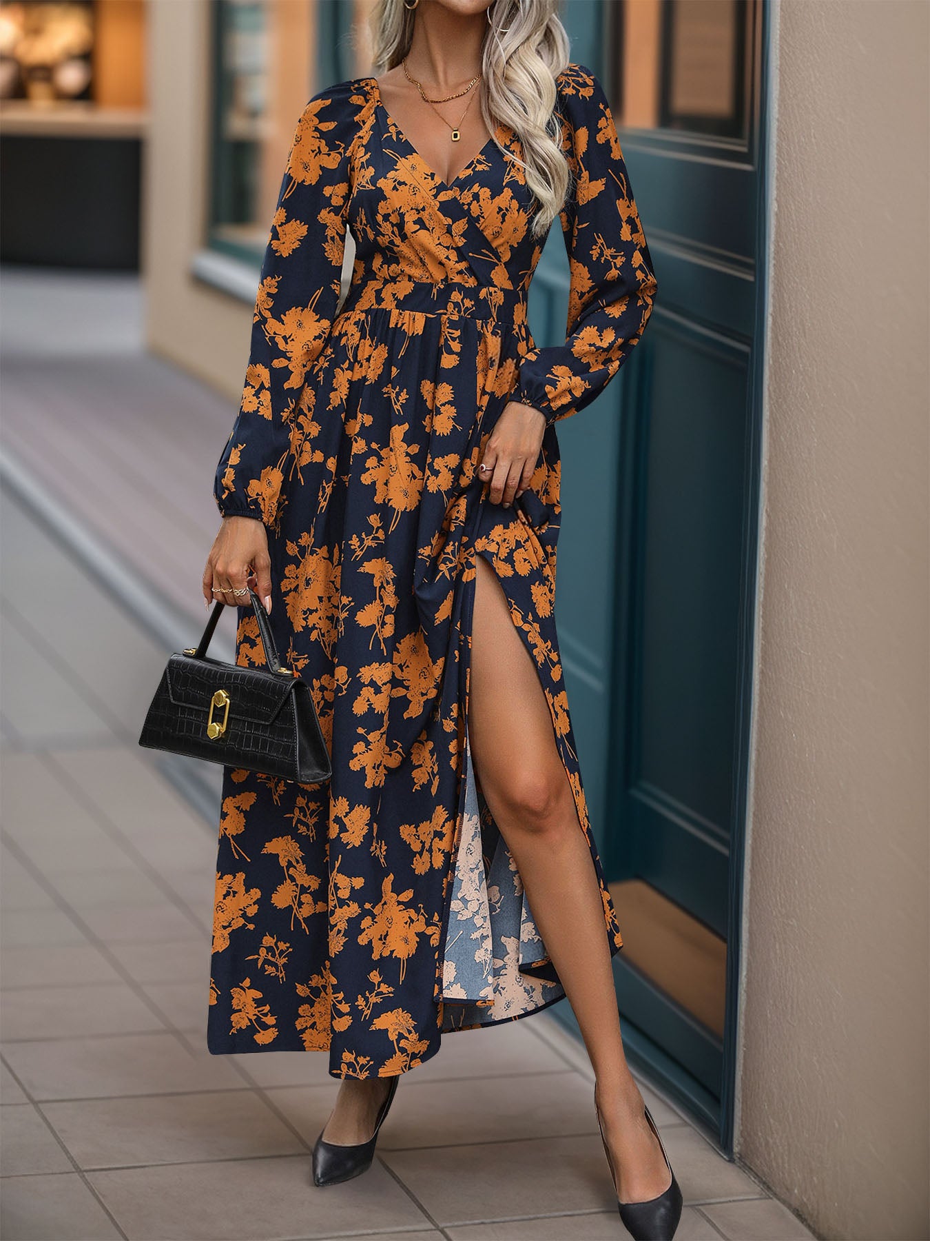 Boho Perfee Split Printed Surplice Midi Dress with Long Sleeves