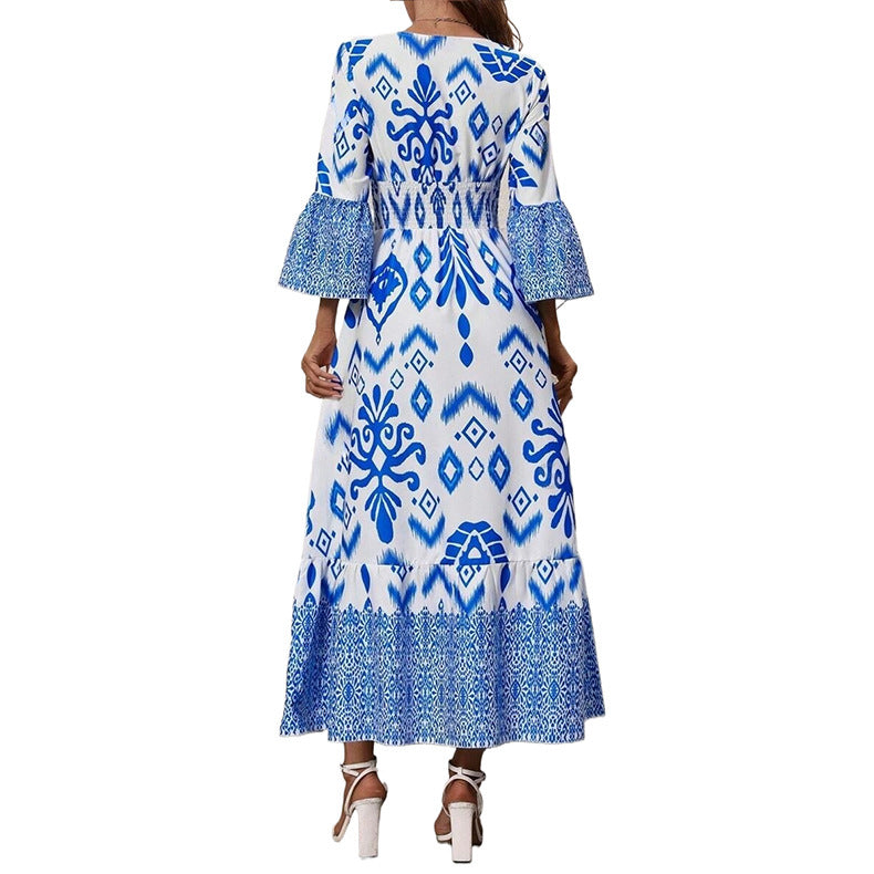 Blue Flower Boho  Casual V-neck Long Dress