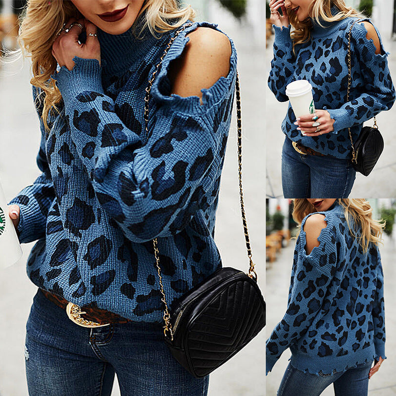 Bold Blue Leopard High-Neck Sweater