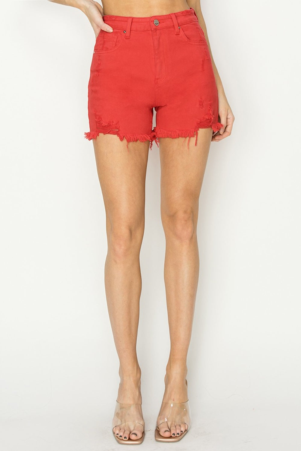 Red High Rise Distressed Denim Shorts