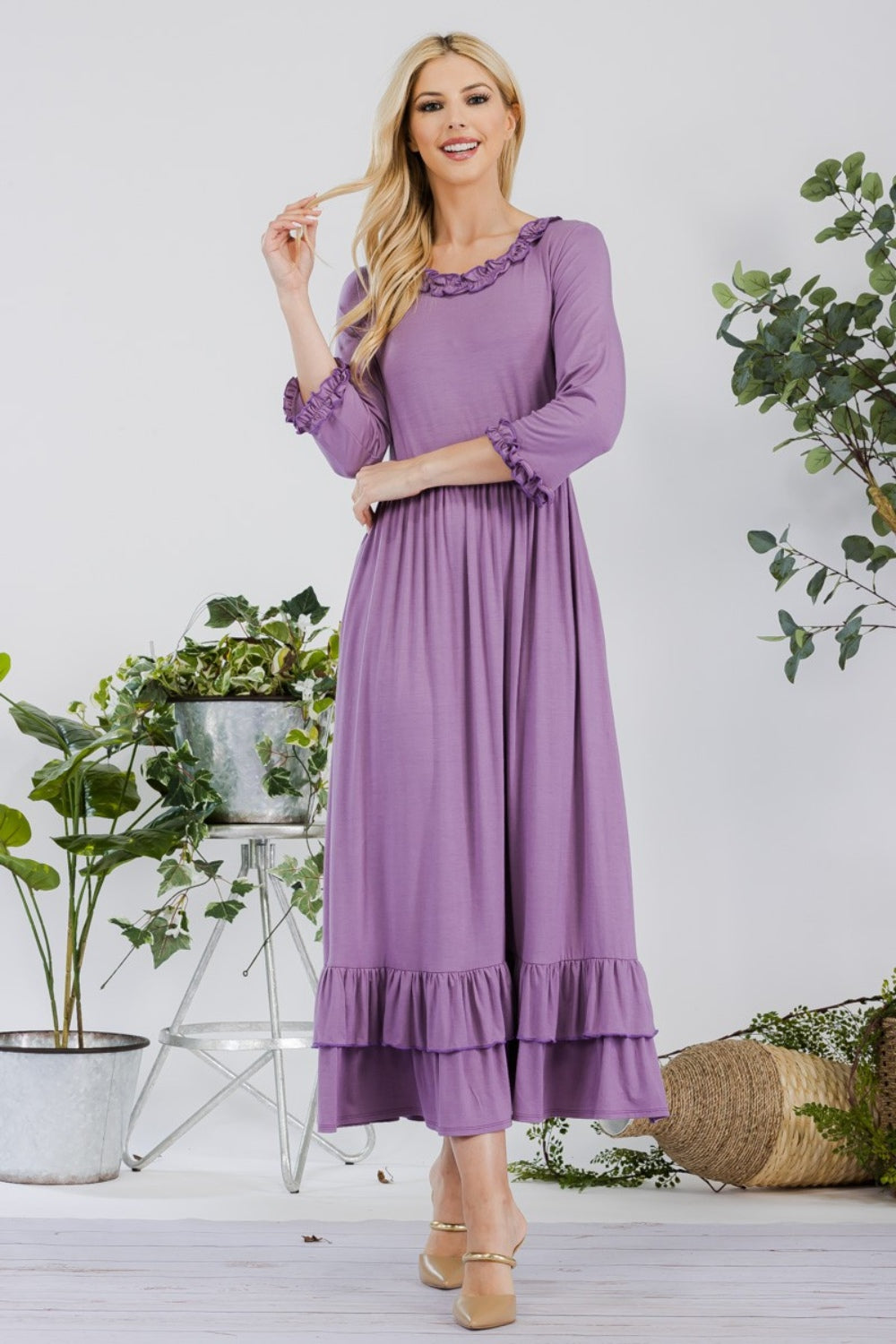 Charming Lilac Dress  with Layered Ruffle Hem Dress & Pockets