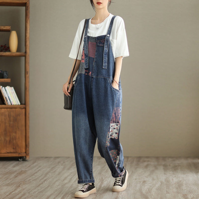 Print Spliced Nine Split Denim Strappy Overalls