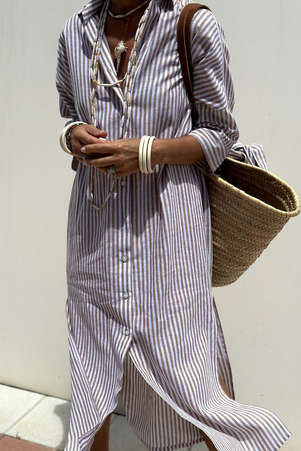 Popular Style Stripes Shirtdress with Three-Quarter Sleeve