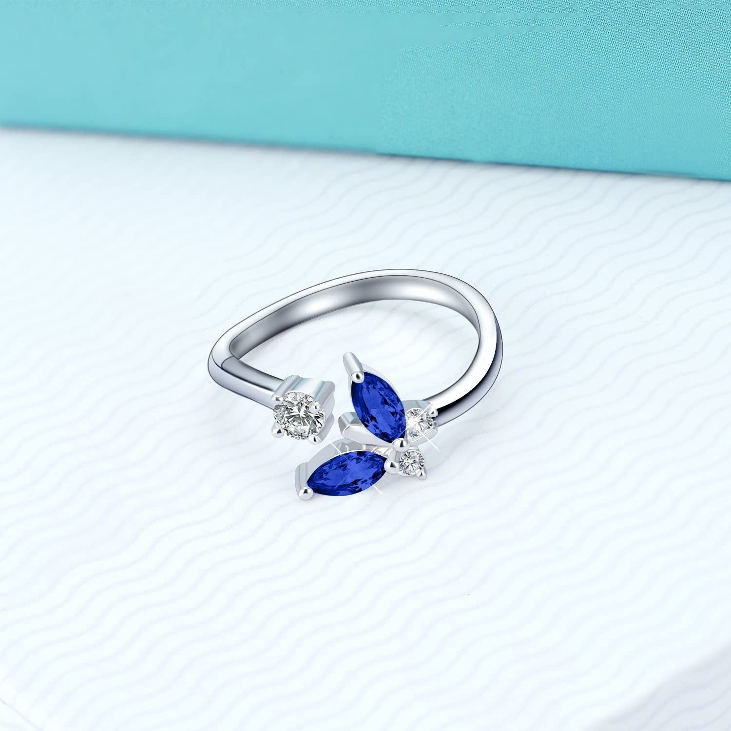 925 Sterling Silver Butterfly Ring with Sapphire Blue Crystal - Adjustable.