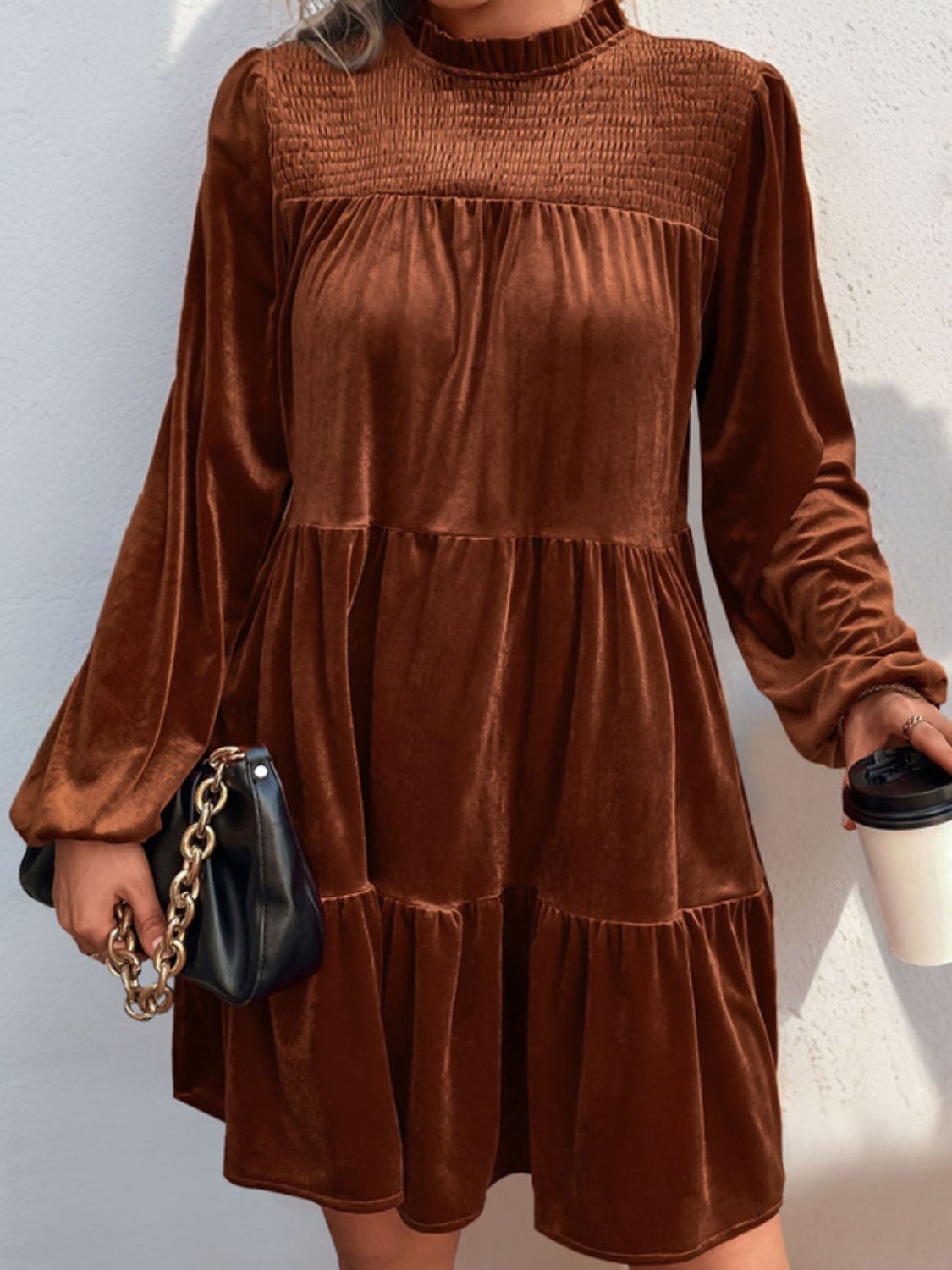 Caramel Mocha Ruffle Dress with Ruched Mock Neck & Long Sleeves