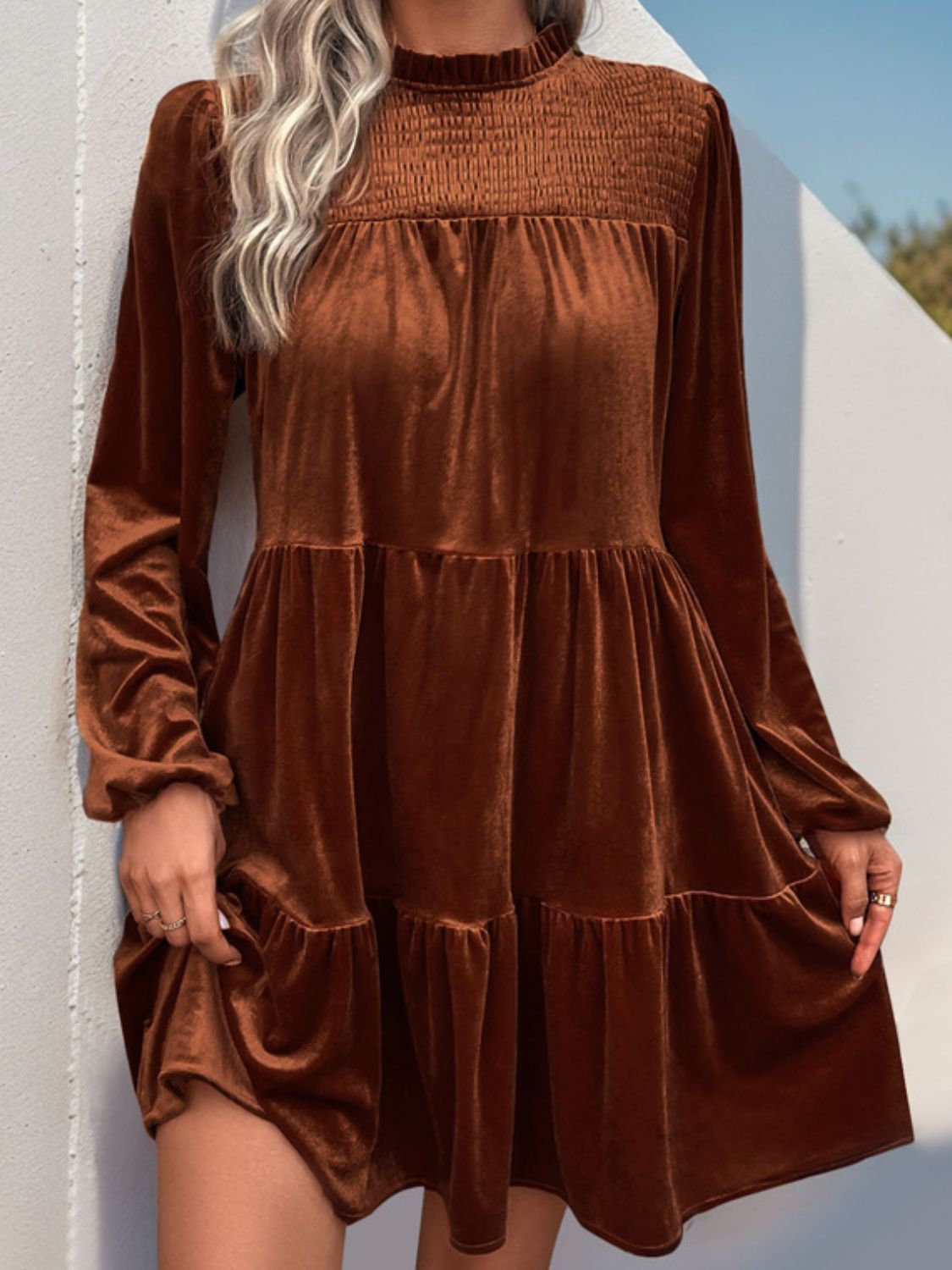 Caramel Mocha Ruffle Dress with Ruched Mock Neck & Long Sleeves