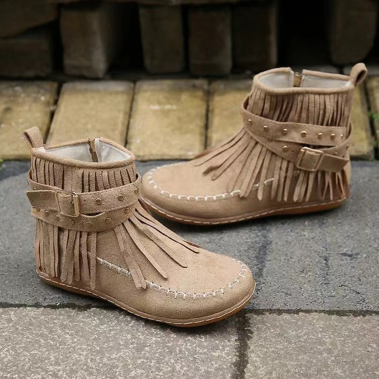 Retro Flat Ankle Moccasin Boots With Rivet Tassel