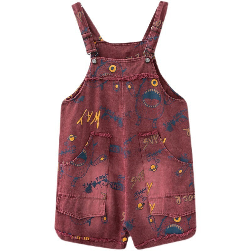 Retro Fashion Print Loose Denim Strap Overalls