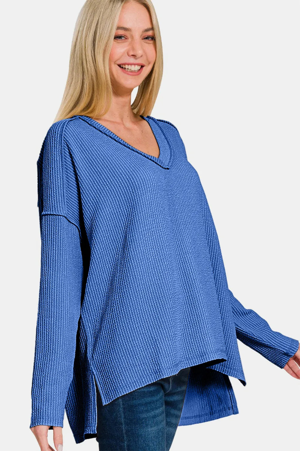 Blue V-Neck Texture Exposed Seam Top  with Long Sleeve