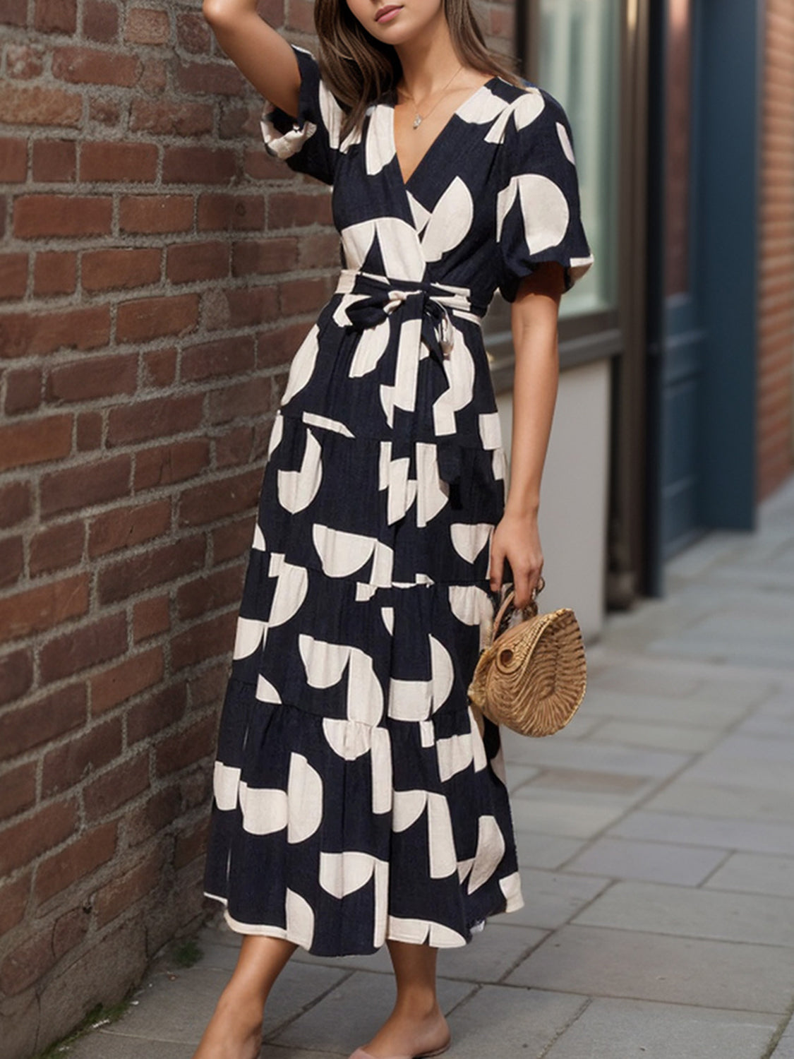 French Girl Tied Slit Midi Dress with Half Sleeve