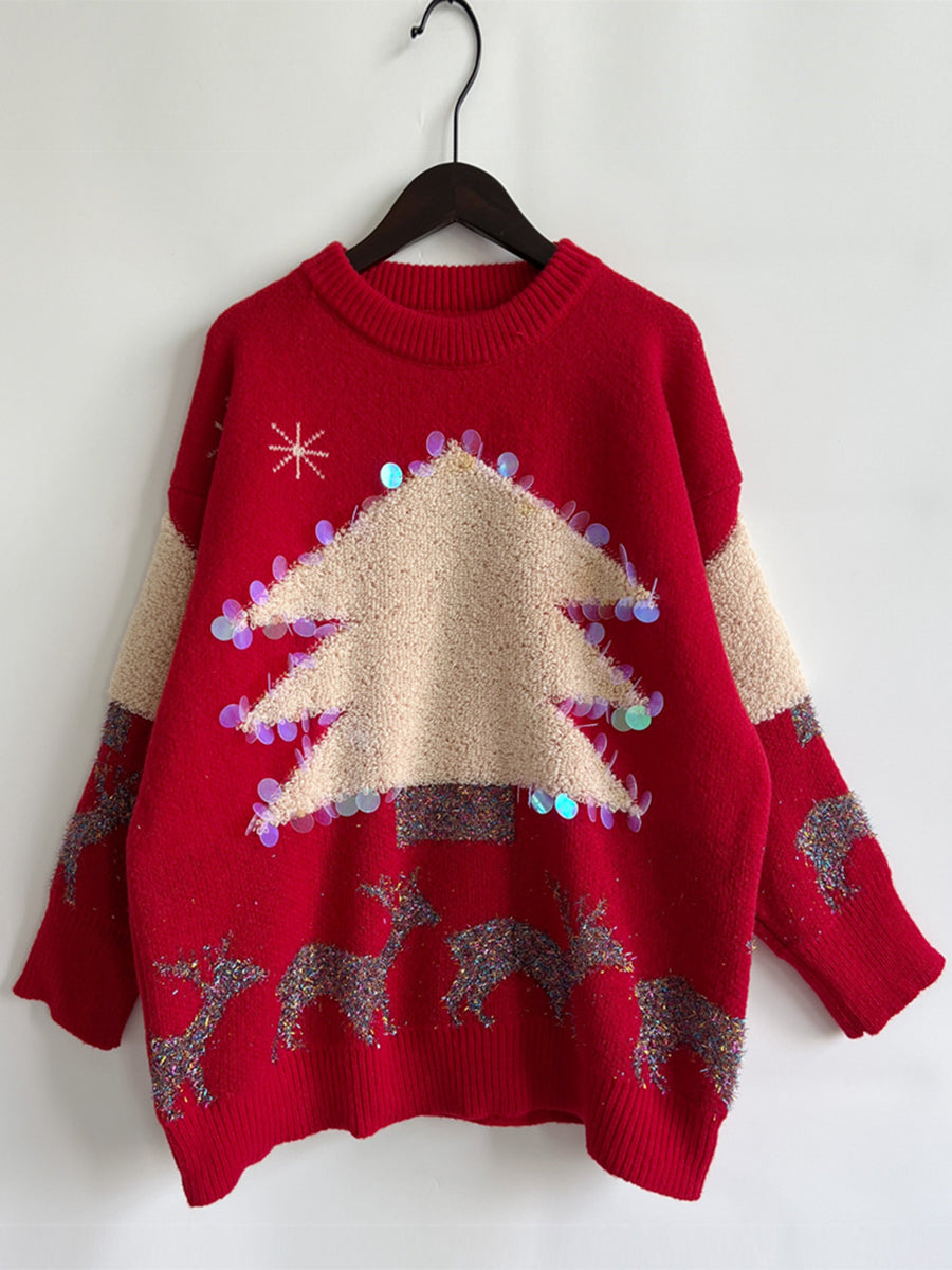 Holiday Joy Sequin Christmas Tree & Reindeer Sweater