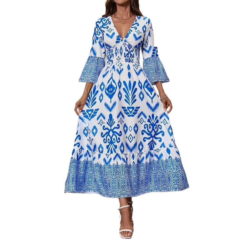 Blue Flower Boho  Casual V-neck Long Dress