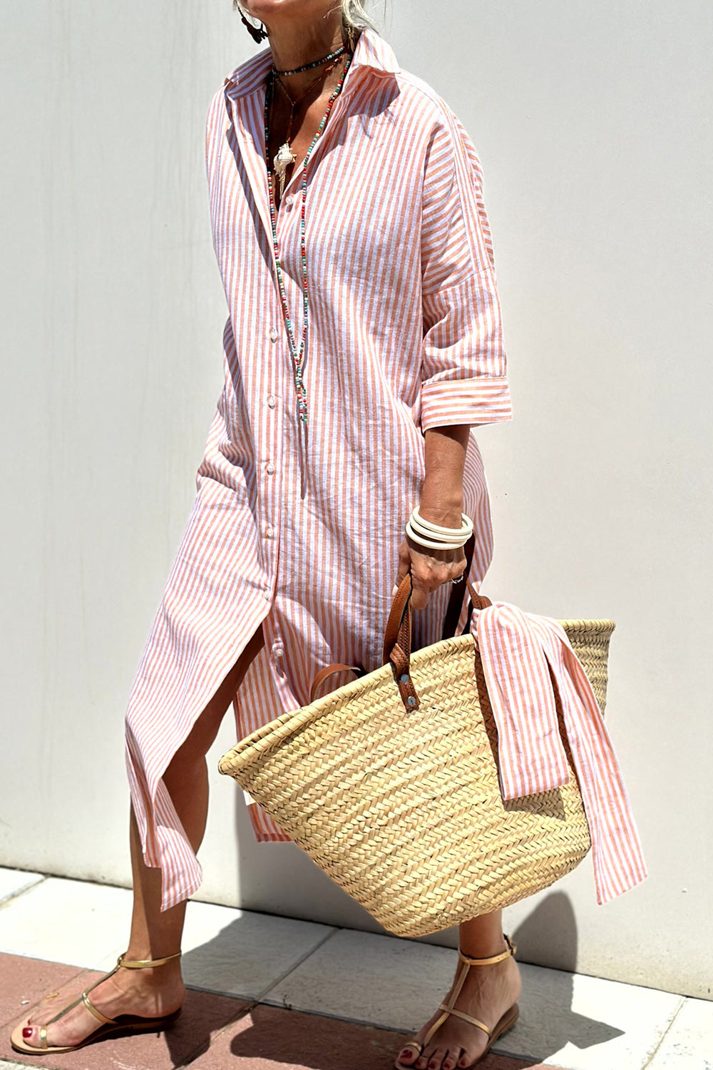 Popular Style Stripes Shirtdress with Three-Quarter Sleeve