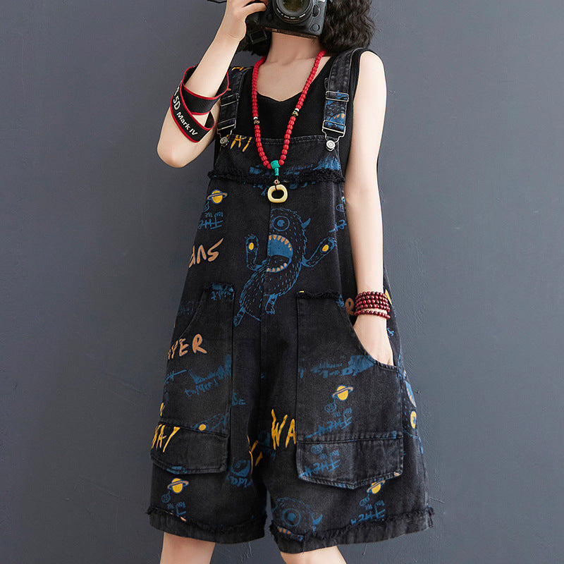 Retro Fashion Print Loose Denim Strap Overalls