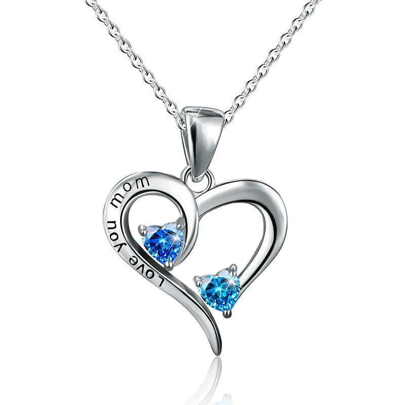 LOVE YOU MOM Sterling Silver Pendant Necklace with 2 Beautiful Gemstones - Mother's Day, Birthday.