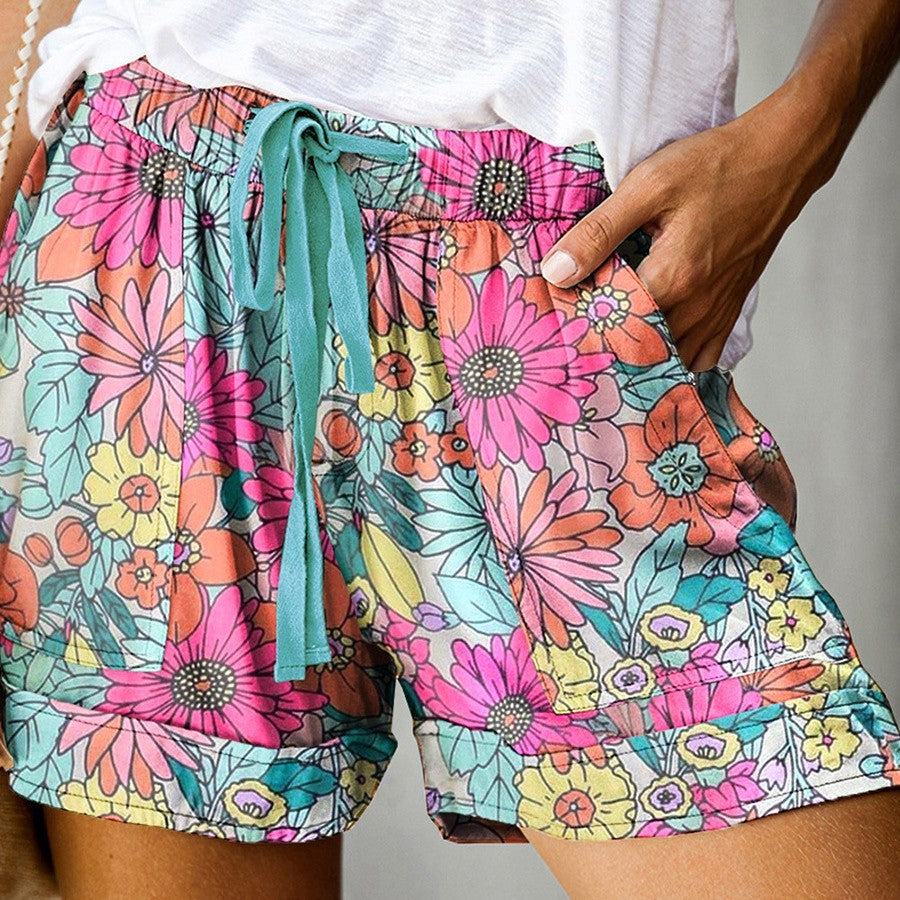 Floral Print High Waist Lace Up Casual Shorts