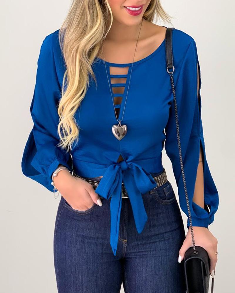 Blue Tie Front Cut Out  Lace-Up Blouse