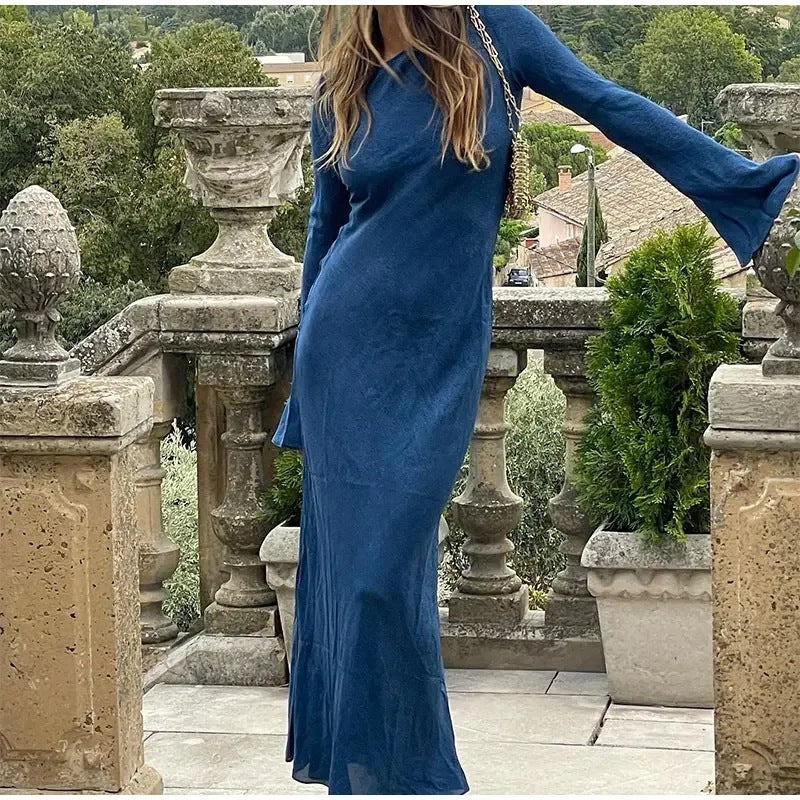 Cobalt Blue Elegant Style  Slim-fit  Dress with Bell Sleeve