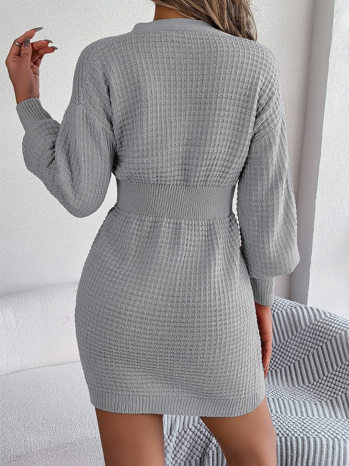 Classic Buttoned Cable-Knit V-Neck Sweater Dress