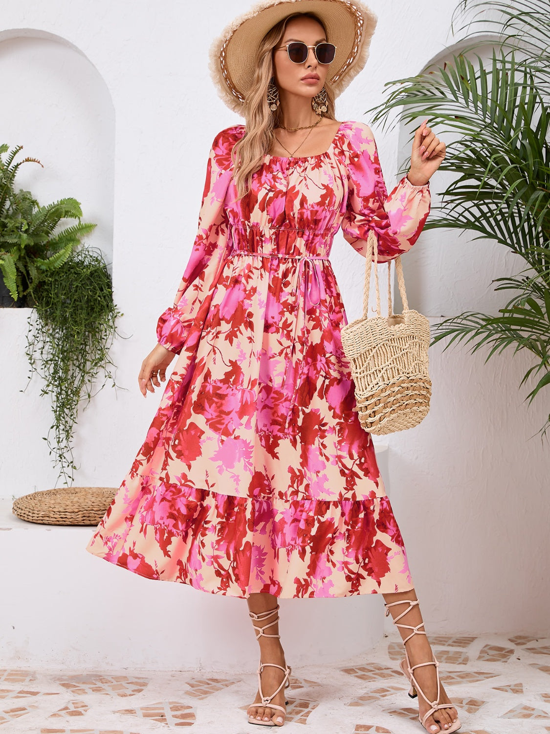 Happy Boho Printed Midi Dress with Long Sleeve