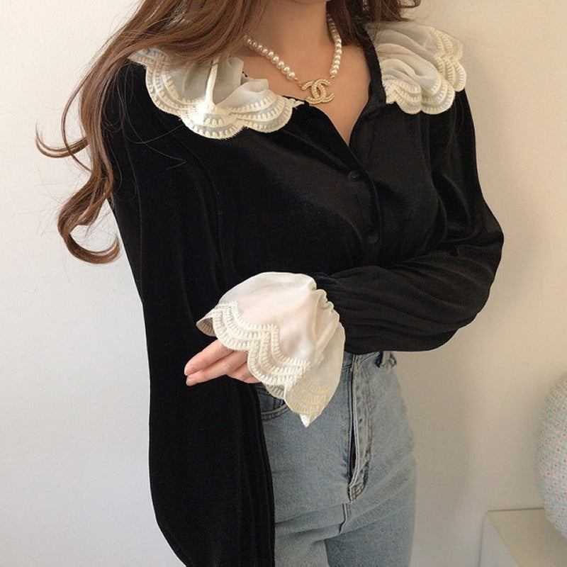 Artistic Retro French Style Velvet Shirt Layers Of Lace  Bell Sleeve