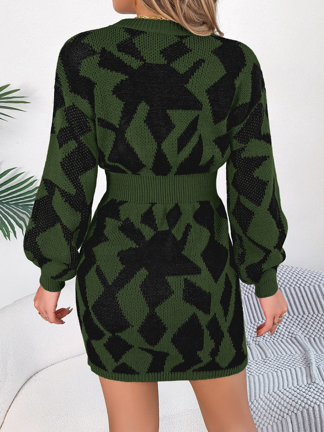 Unique Print Design Mini Sweater Dress with  Round Neck Cutout & Long Sleeve