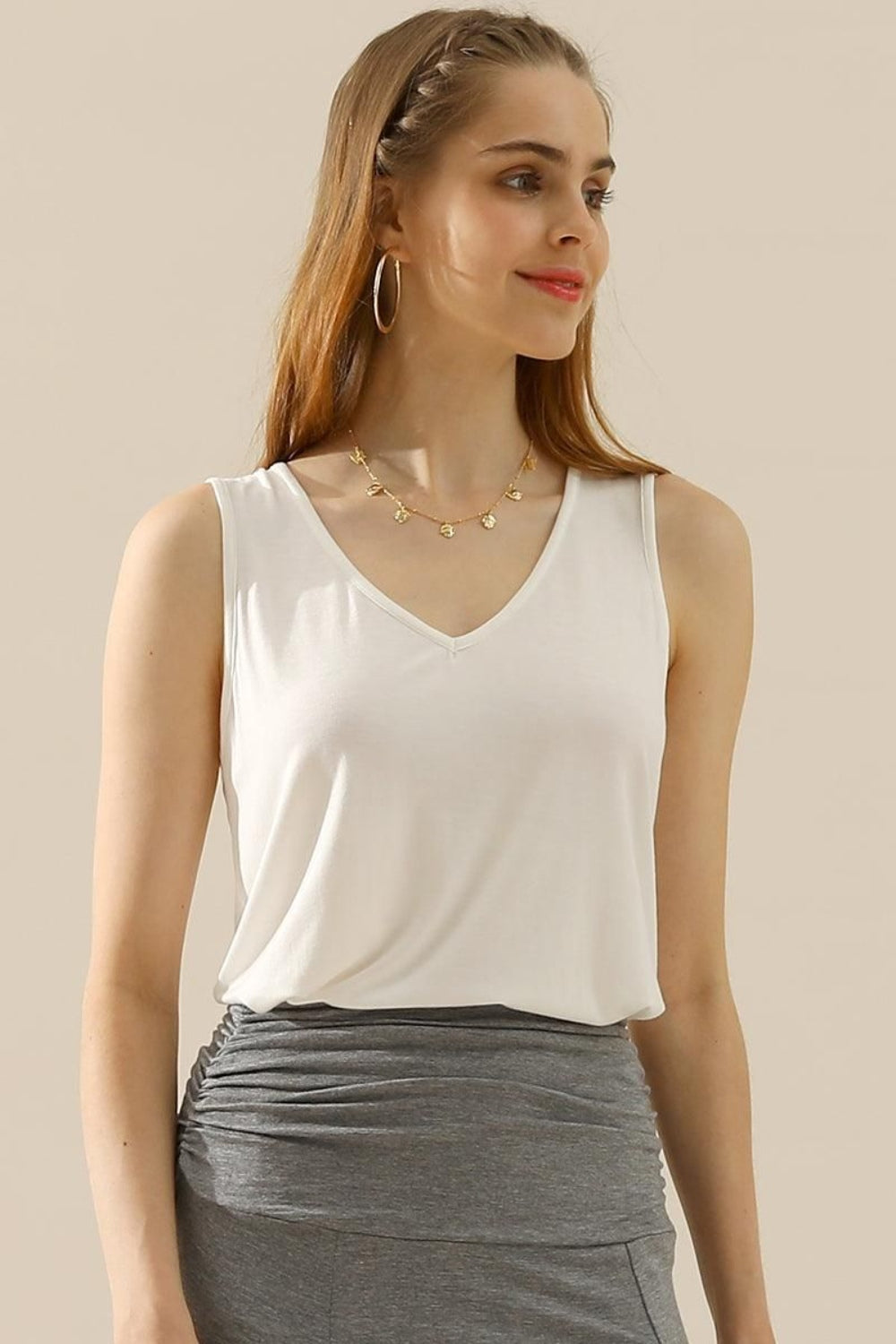 Sheer V-Neck Curved Hem Tank