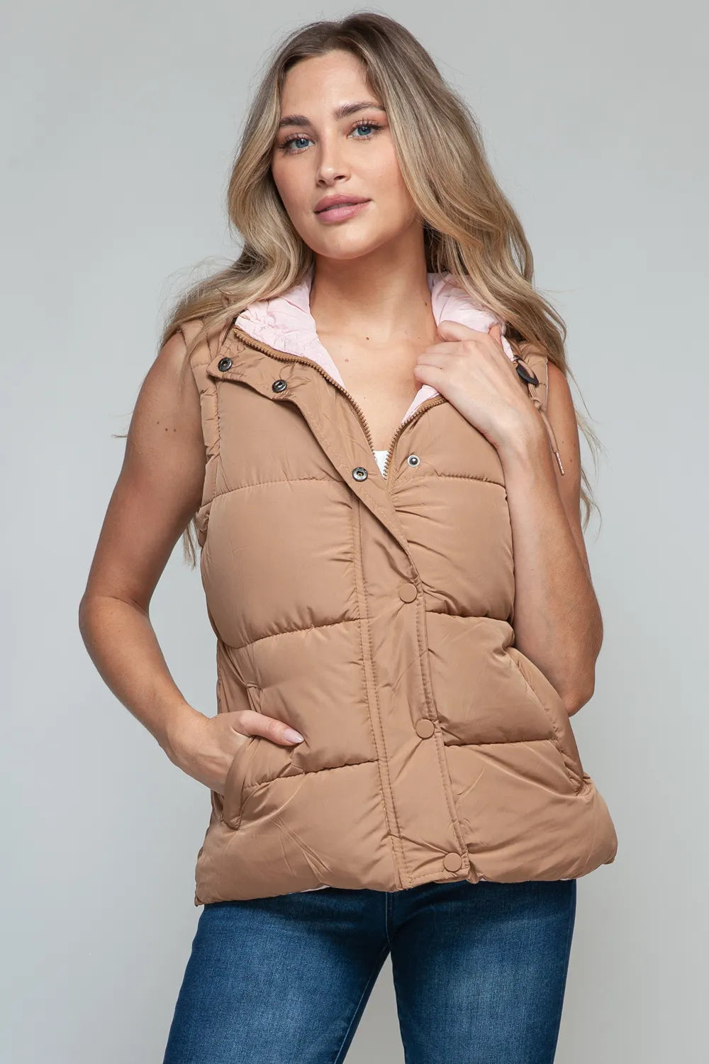 Stylish Snap And Zip Closure Hooded Vest