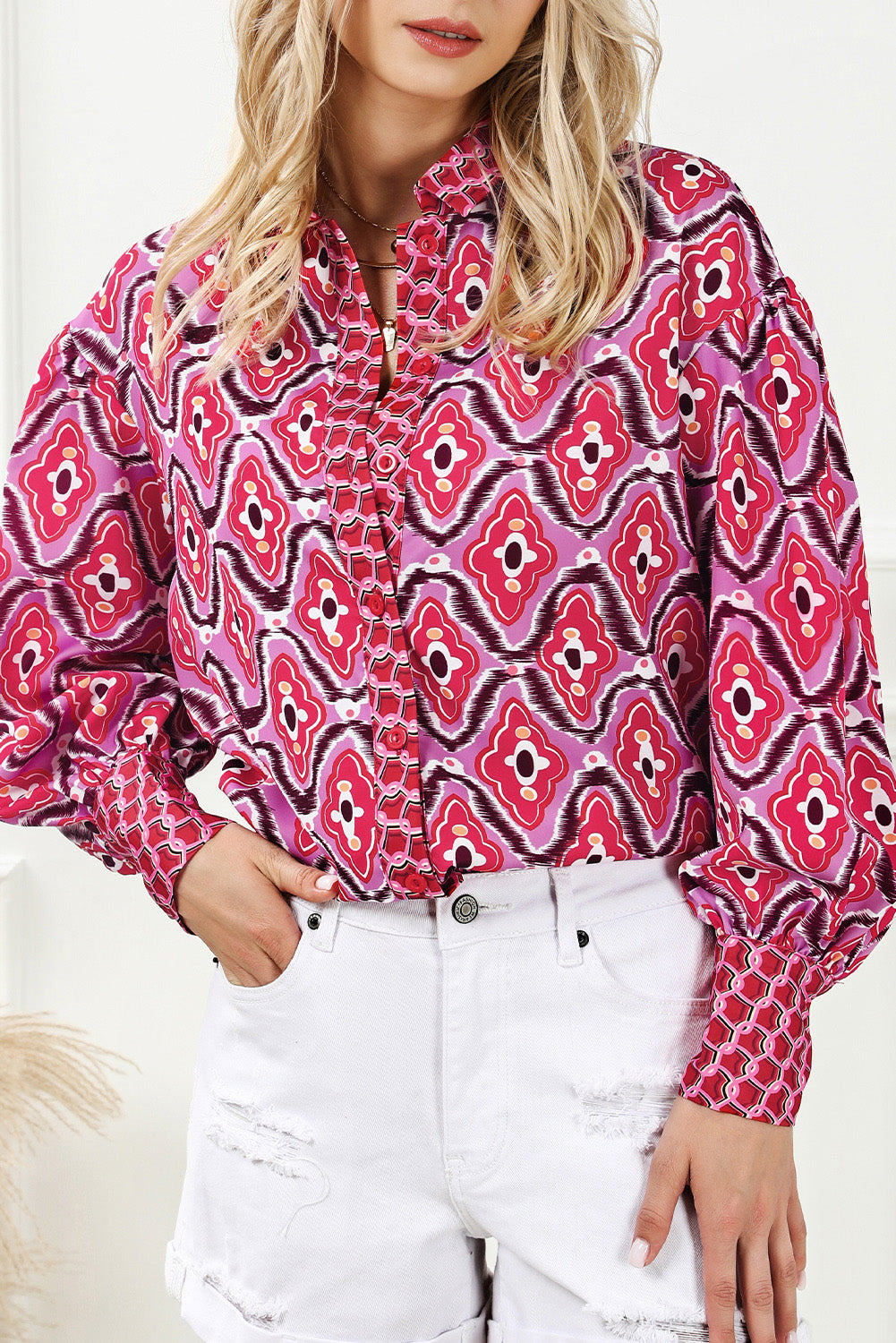 Abstract Floral Print Button Up Long Sleeve Shirt